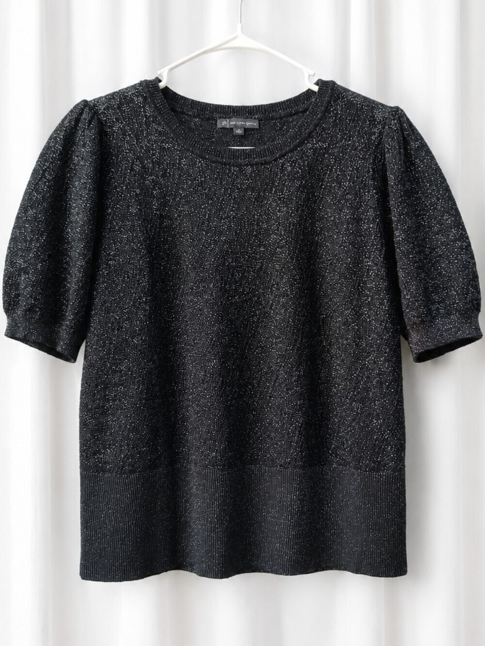 Adriana Papell Black Glitter Top Puff-Sleeve Knit Round Neck Semi Sheer Elegant